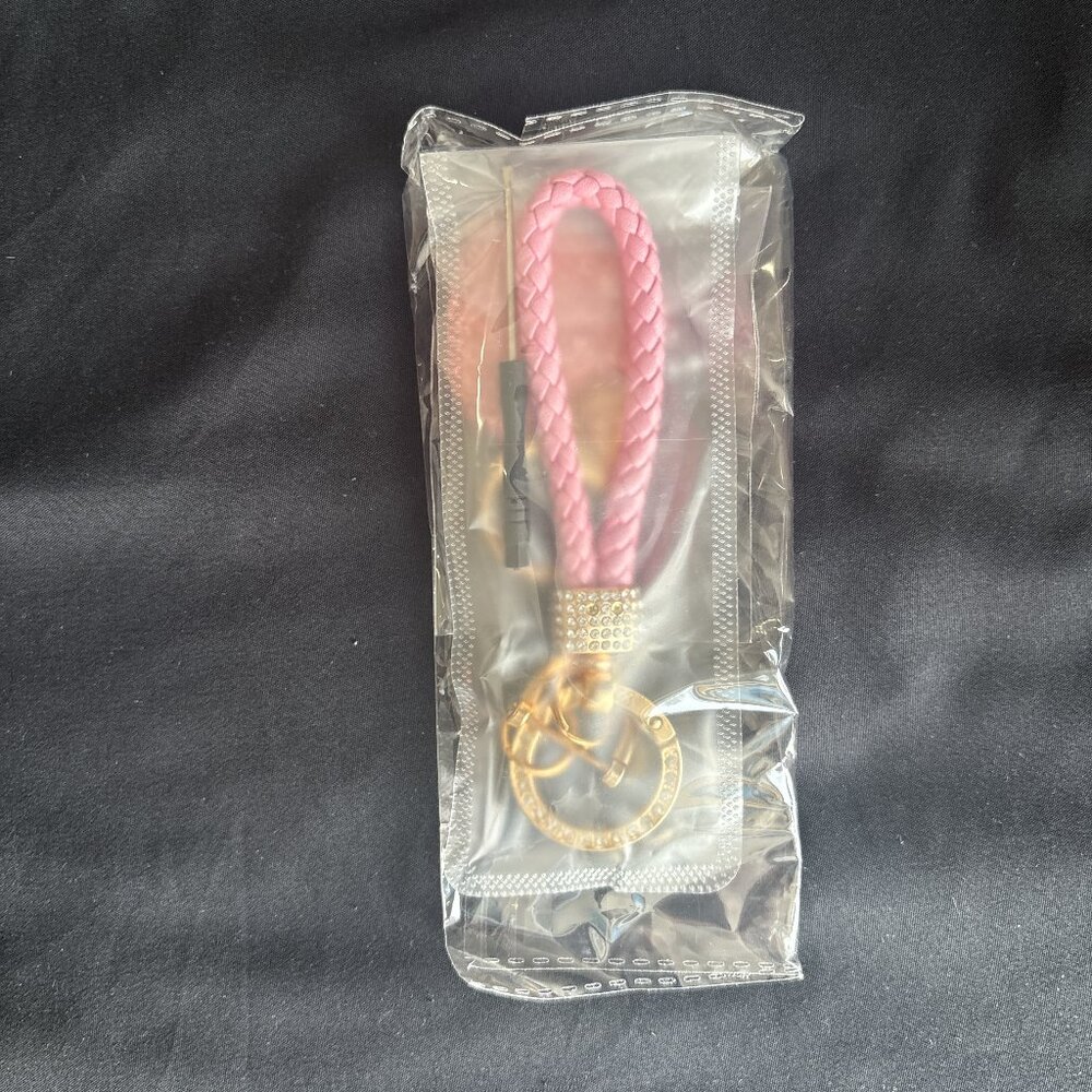 Pink Heart Diamond Keychain Leather Rope - Picture 2 of 3